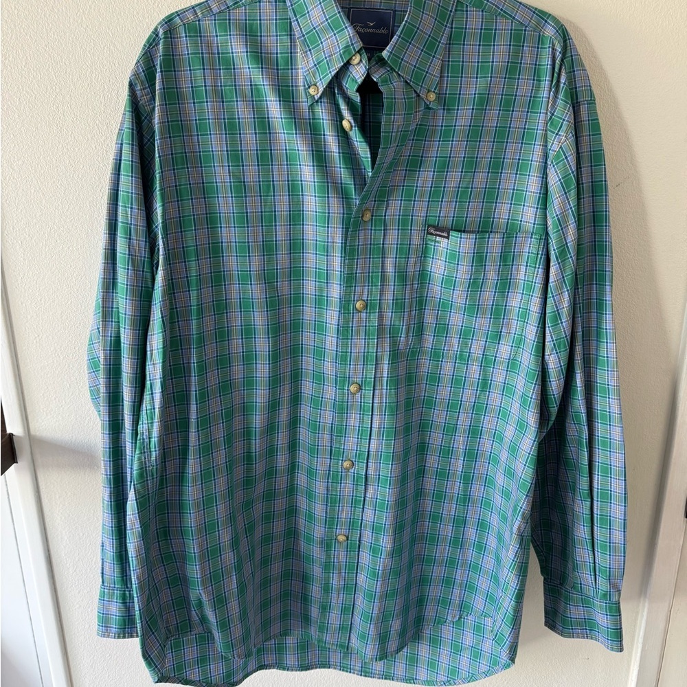 Faconnable Blue and Green Checkered Button Down Shirt